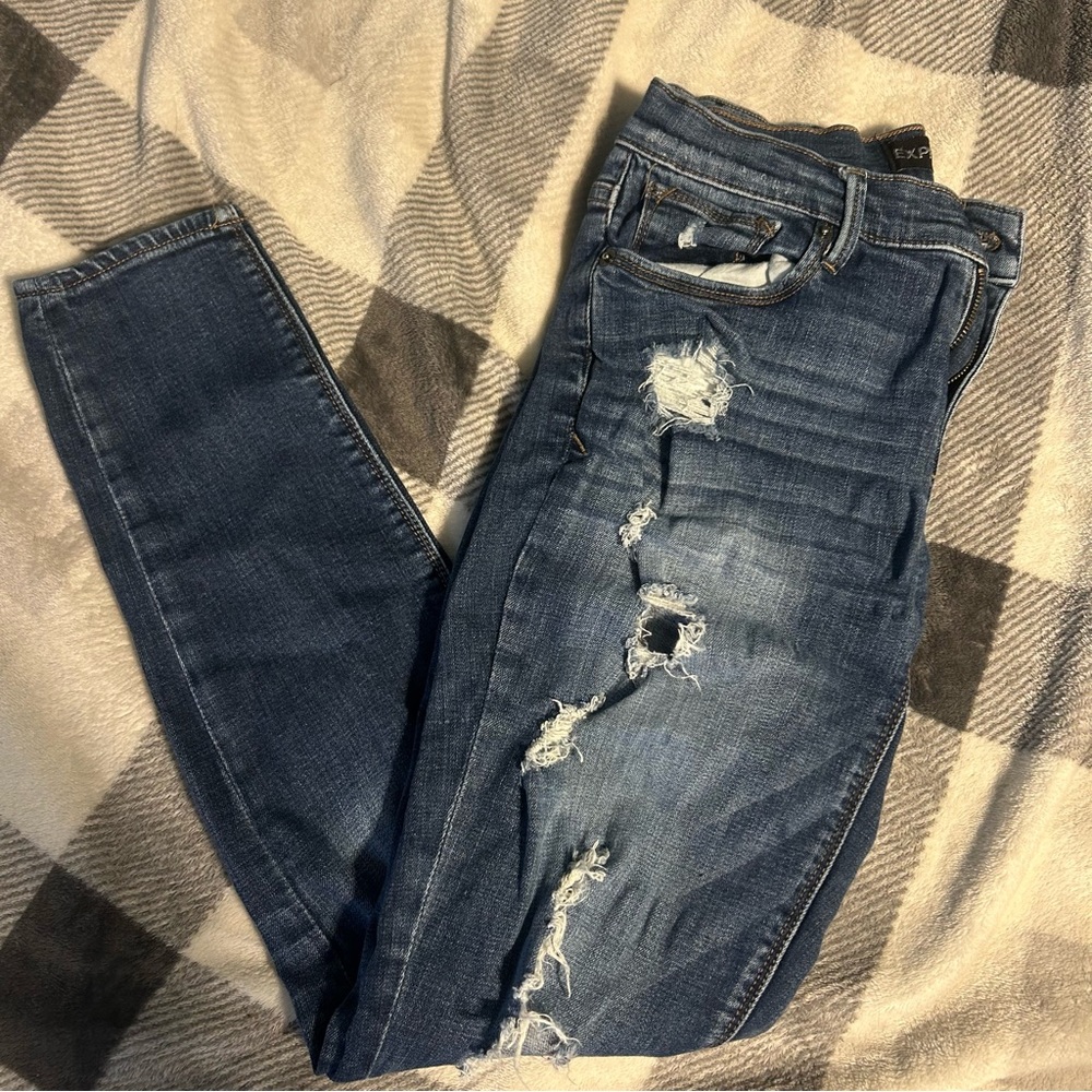 Express Mid Rise Distressed Blue Jeans